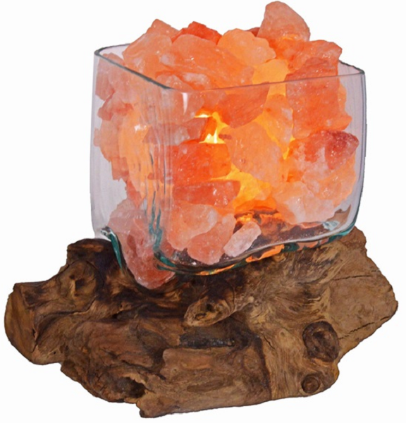 Lampada di Sale Himalaya UNICA Vetro su Legno Cubica Grande Voganto - immagine 2