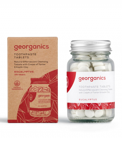 Dentifricio minerale in compresse all’eucalipto Georganics in barattolo di vetro – dentifricio naturale solido zero waste senza fluoro