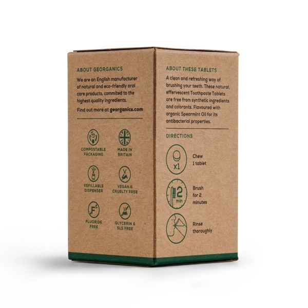 Confezione Dentifricio Minerale in Compresse Menta Verde Georganics packaging sostenibile dentifricio naturale Georganics